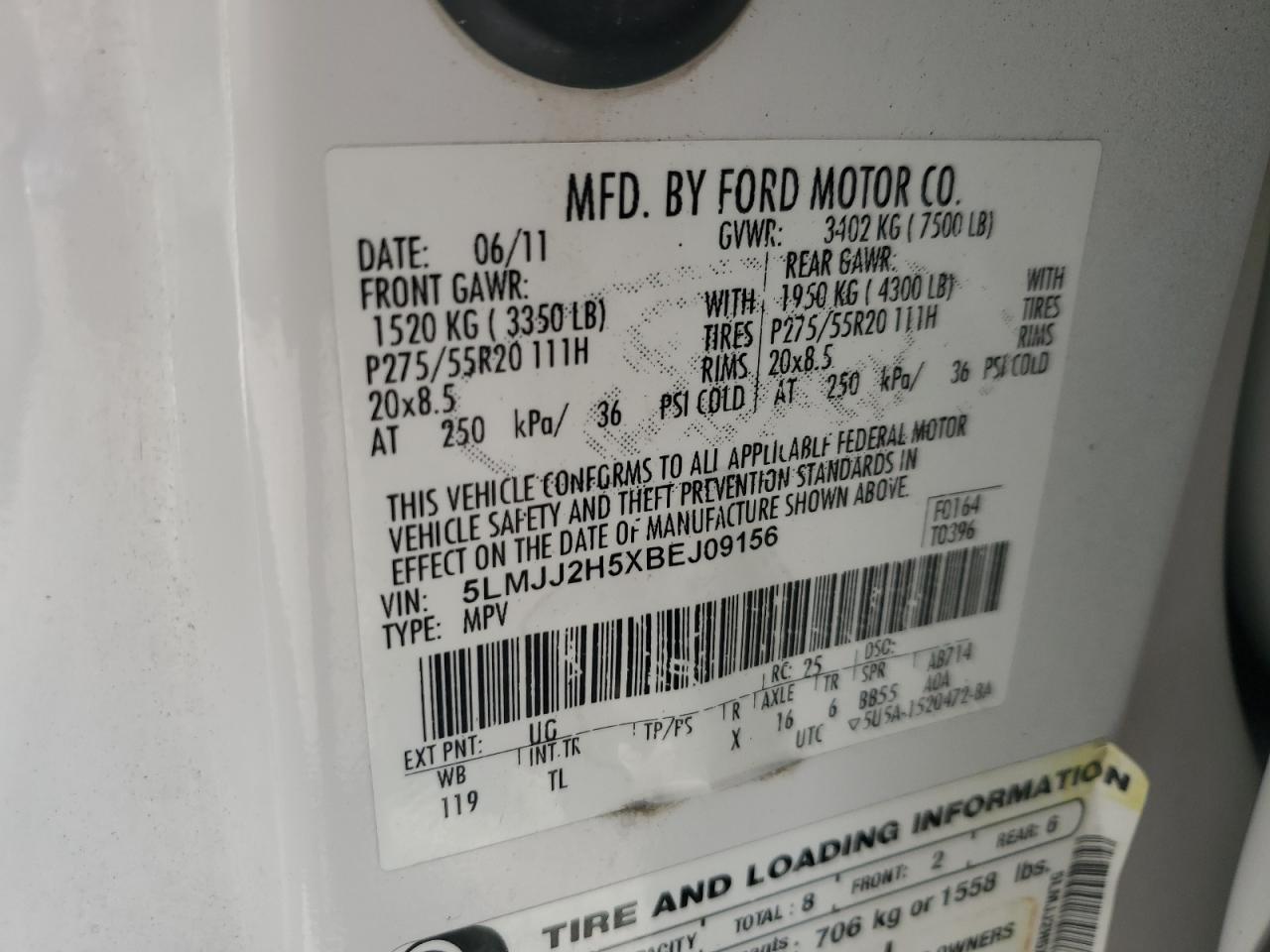 2011 Lincoln Navigator VIN: 5LMJJ2H5XBEJ09156 Lot: 89554575