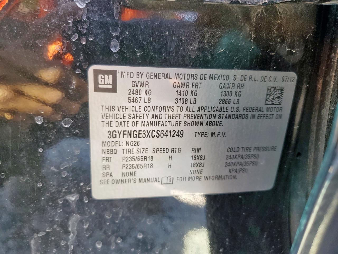 2012 Cadillac Srx VIN: 3GYFNGE3XCS641249 Lot: 85921985