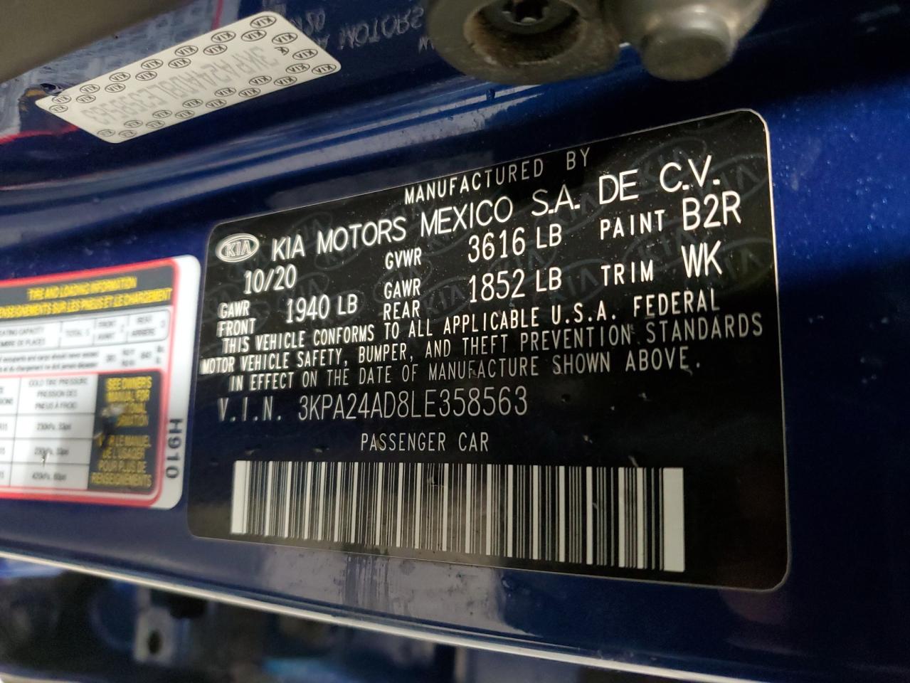 2020 Kia Rio Lx VIN: 3KPA24AD8LE358563 Lot: 85188445