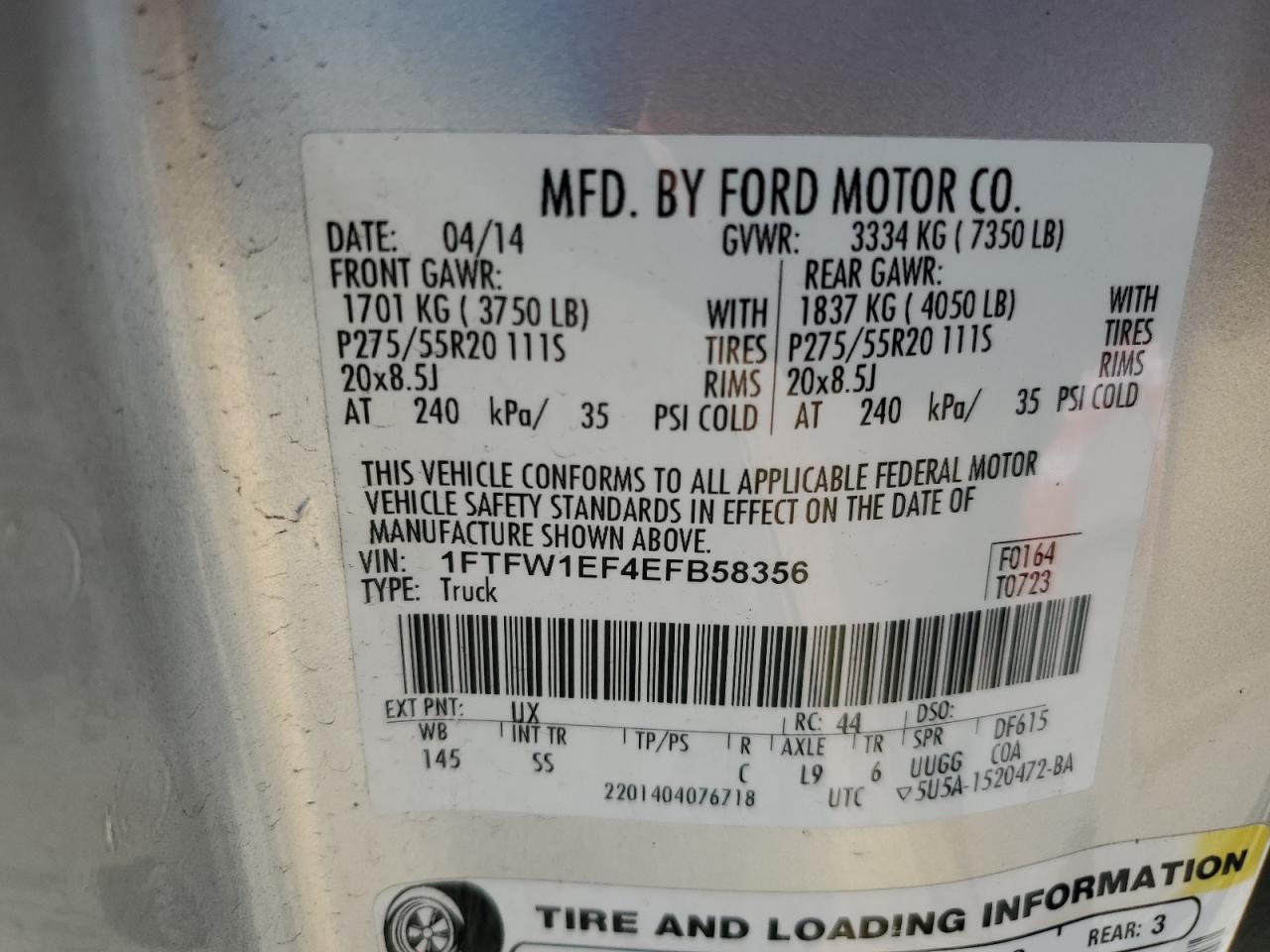 2014 Ford F150 Supercrew VIN: 1FTFW1EF4EFB58356 Lot: 86696195