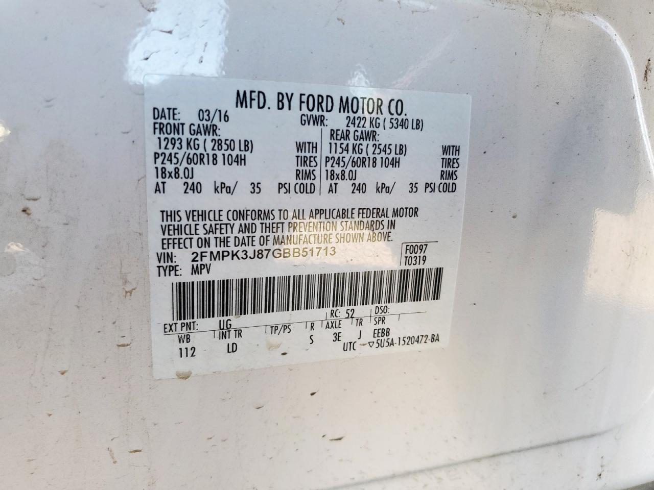 2016 Ford Edge Sel VIN: 2FMPK3J87GBB51713 Lot: 85423195