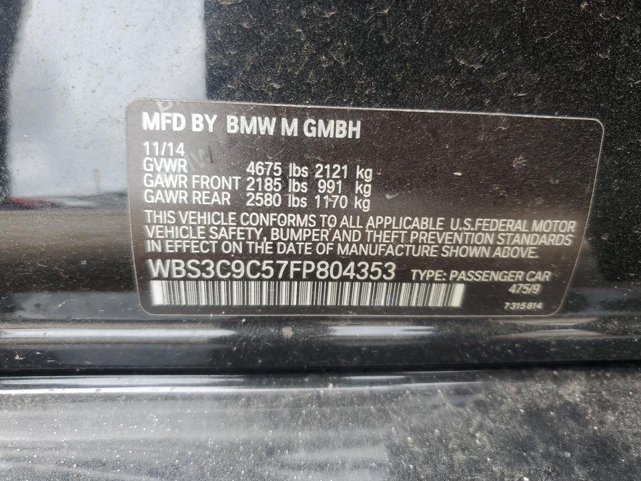 2015 BMW M3 VIN: WBS3C9C57FP804353 Lot: 84646925