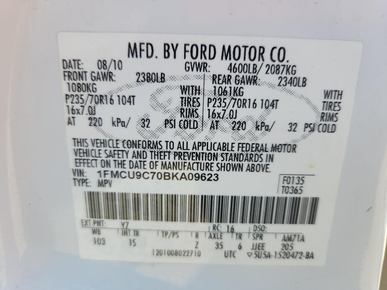 2011 Ford Escape Xls VIN: 1FMCU9C70BKA09623 Lot: 84898185