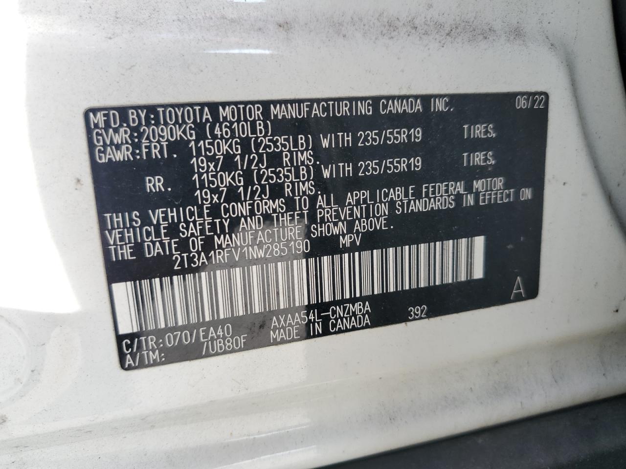 2022 Toyota Rav4 Xle Premium VIN: 2T3A1RFV1NW285190 Lot: 84369315