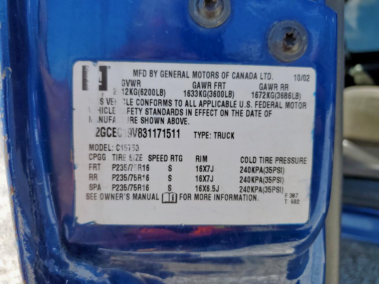 2003 Chevrolet Silverado C1500 VIN: 2GCEC19V831171511 Lot: 85601245