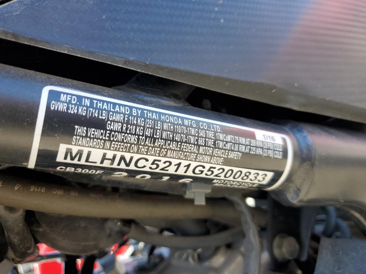 2016 Honda Cb300 F VIN: MLHNC521QG5200833 Lot: 89716645