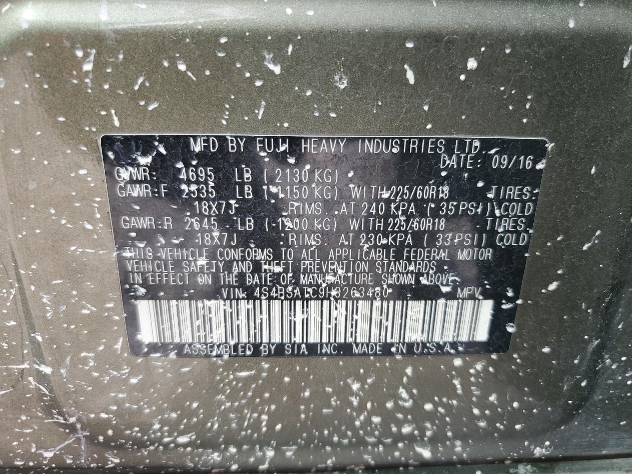 2017 Subaru Outback Touring VIN: 4S4BSATC9H3263480 Lot: 90038015