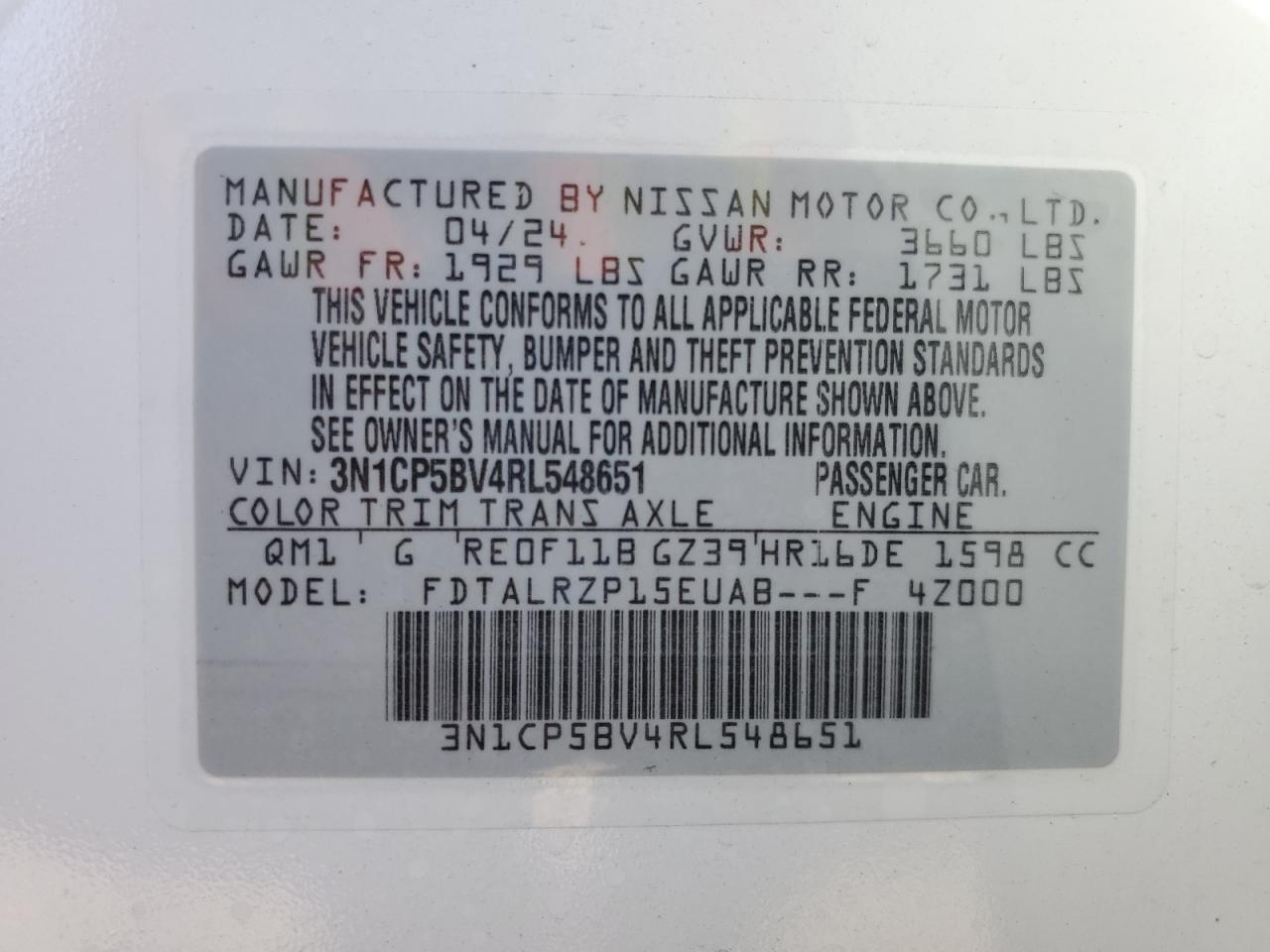 2024 Nissan Kicks S VIN: 3N1CP5BV4RL548651 Lot: 85006685