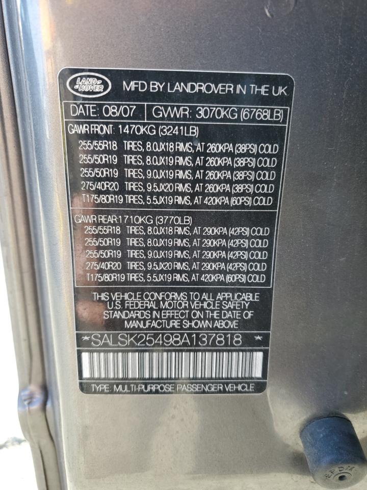 2008 Land Rover Range Rover Sport Hse VIN: SALSK25498A137818 Lot: 85593415