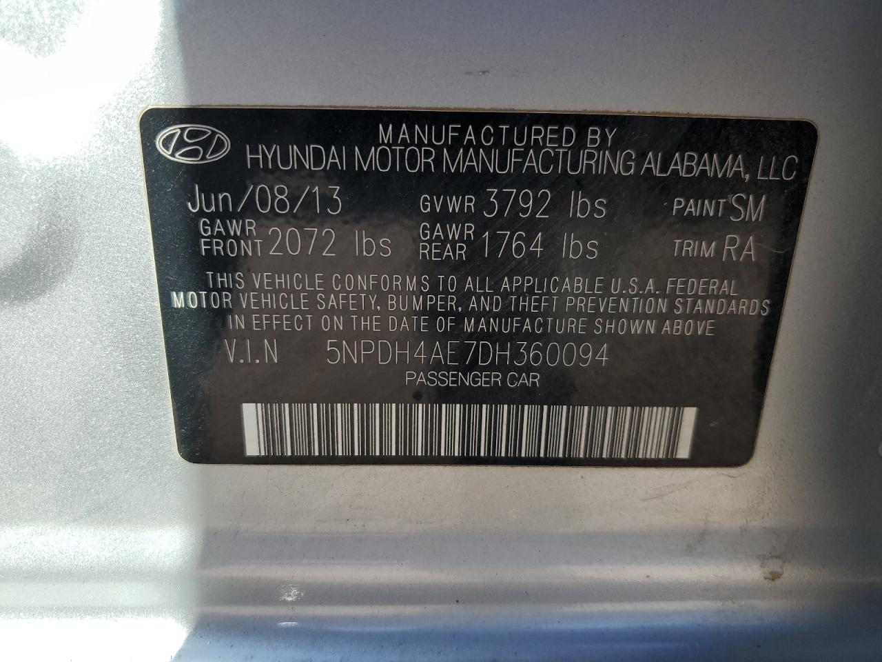 2013 Hyundai Elantra Gls VIN: 5NPDH4AE7DH360094 Lot: 85098815