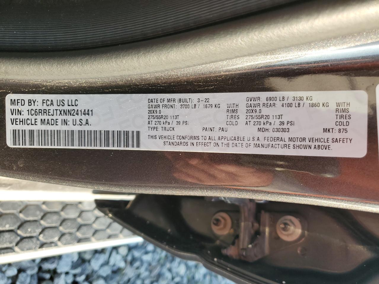 2022 Ram 1500 Laramie VIN: 1C6RREJTXNN241441 Lot: 82543265