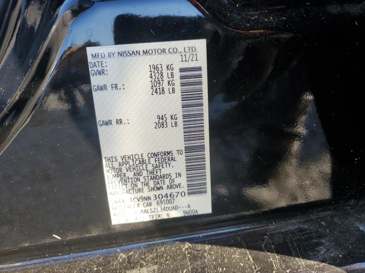 2022 Nissan Altima Sr VIN: 1N4BL4CV9NN304670 Lot: 84801795