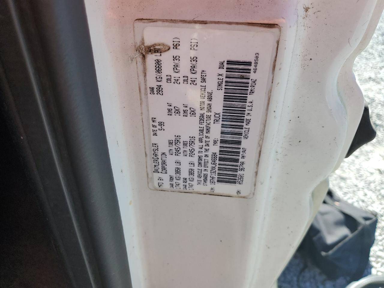 1999 Dodge Ram 1500 VIN: 1B7HF13ZXXJ646684 Lot: 82485085