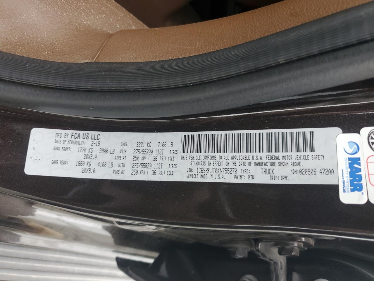 2019 Ram 1500 Laramie VIN: 1C6SRFJT0KN755270 Lot: 86179535