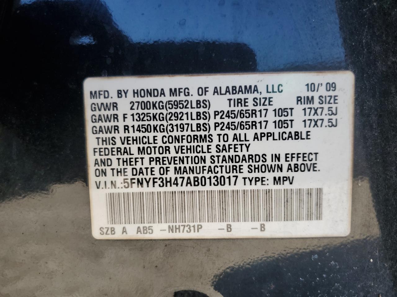 2010 Honda Pilot Ex VIN: 5FNYF3H47AB013017 Lot: 84544575
