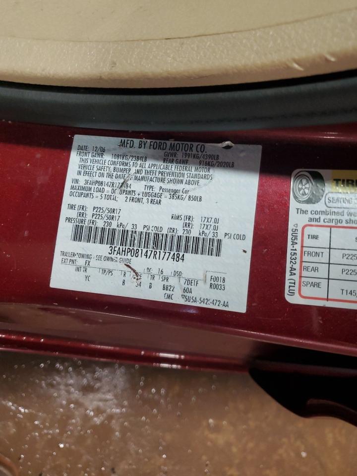 2007 Ford Fusion Sel VIN: 3FAHP08147R177484 Lot: 90639545