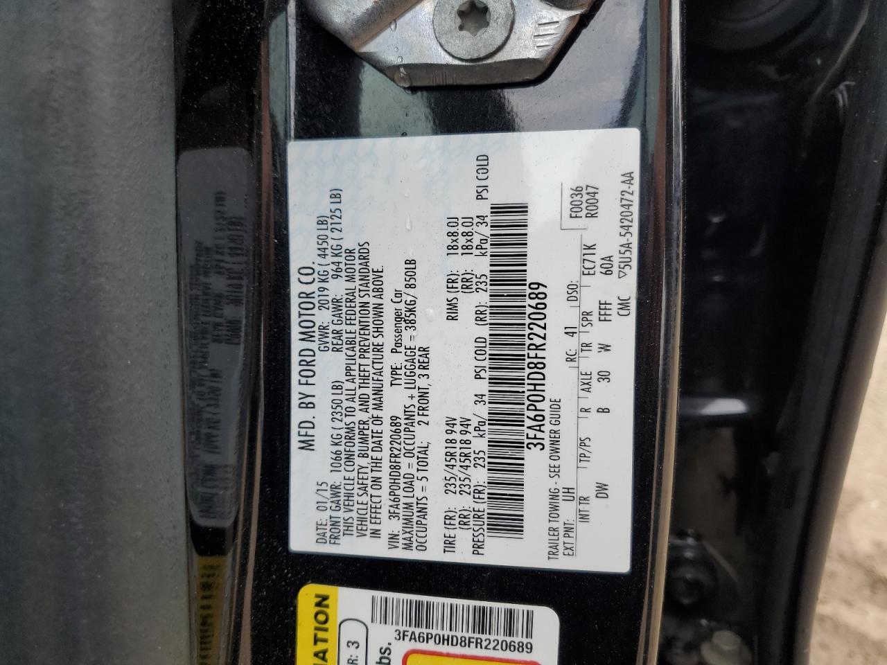 2015 Ford Fusion Se VIN: 3FA6P0HD8FR220689 Lot: 87251095