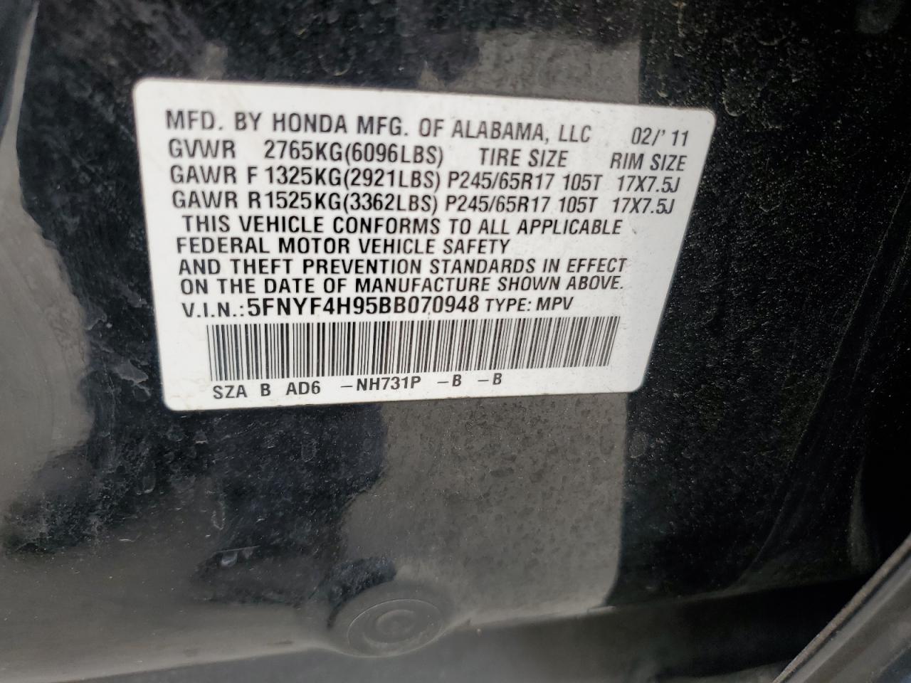 2011 Honda Pilot Touring VIN: 5FNYF4H95BB070948 Lot: 85711765