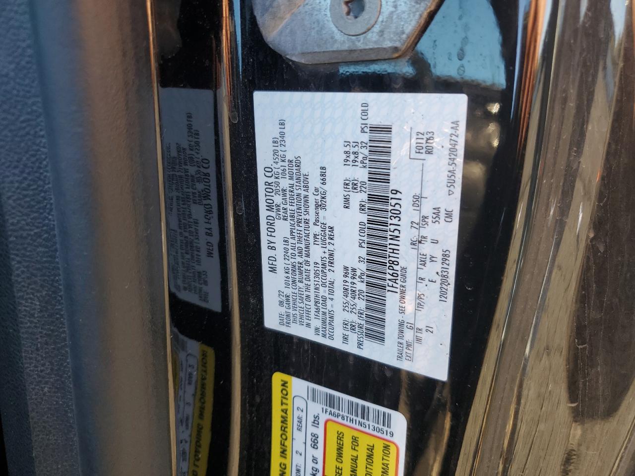 2022 Ford Mustang VIN: 1FA6P8TH1N5130519 Lot: 86811795