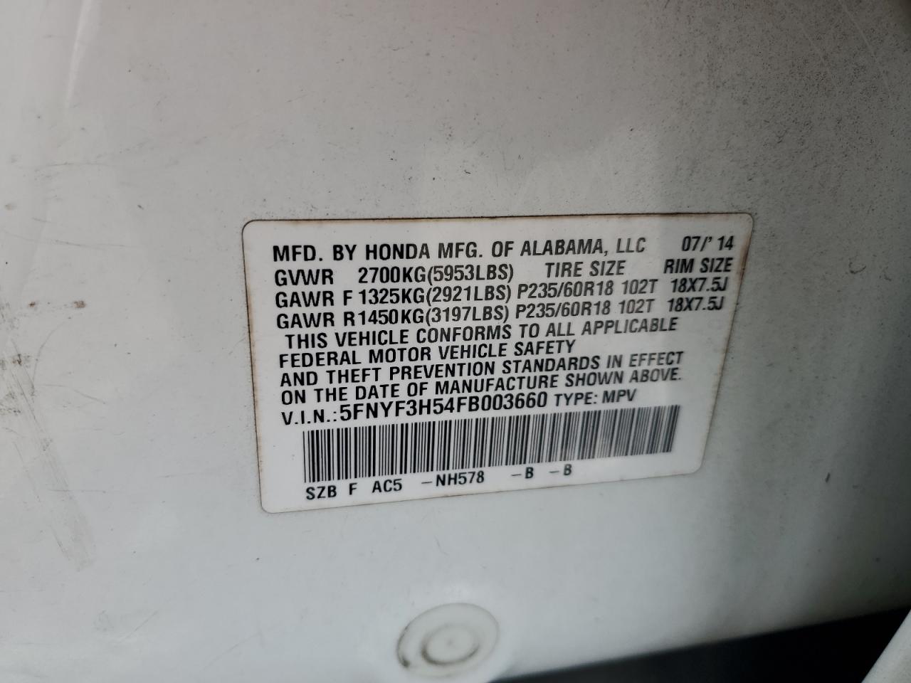 2015 Honda Pilot Exl VIN: 5FNYF3H54FB003660 Lot: 82399015