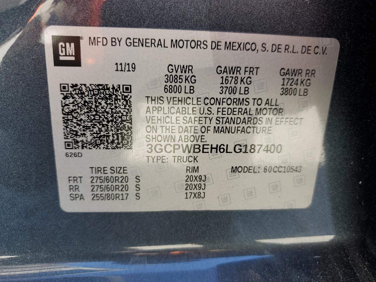 2020 Chevrolet Silverado C1500 Custom VIN: 3GCPWBEH6LG187400 Lot: 85697455