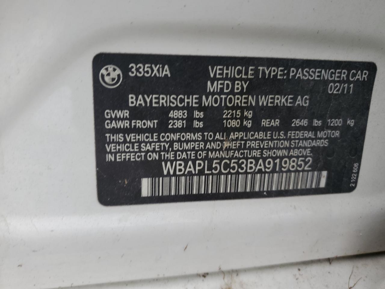 2011 BMW 335 Xi VIN: WBAPL5C53BA919852 Lot: 90932905