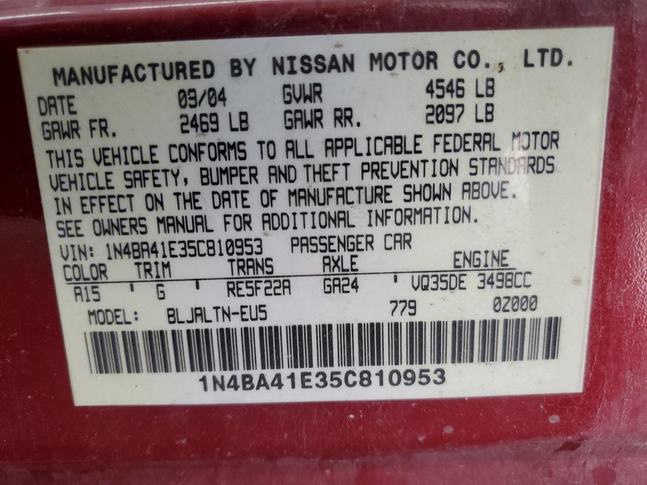 2005 Nissan Maxima Se VIN: 1N4BA41E35C810953 Lot: 86136915