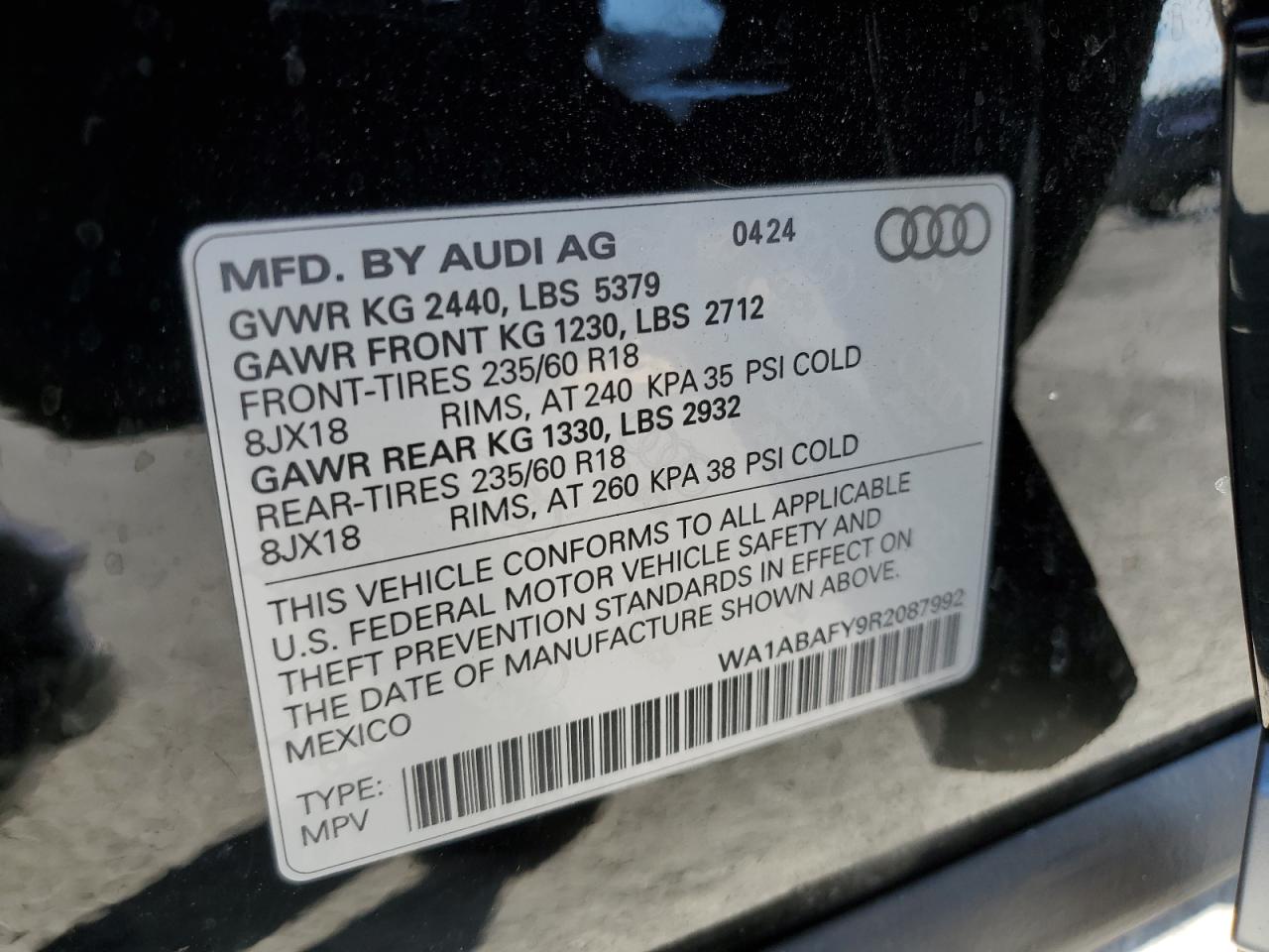 2024 Audi Q5 Premium 40 VIN: WA1ABAFY9R2087992 Lot: 85125365