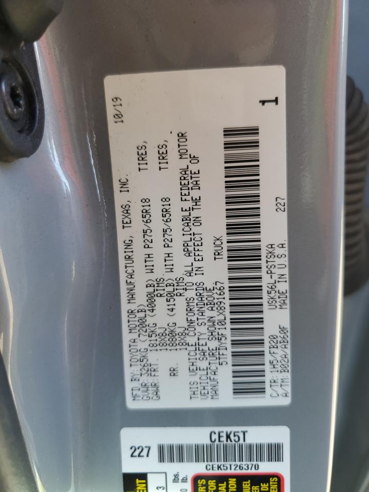 2020 Toyota Tundra Crewmax Sr5 VIN: 5TFDY5F10LX891667 Lot: 85415665