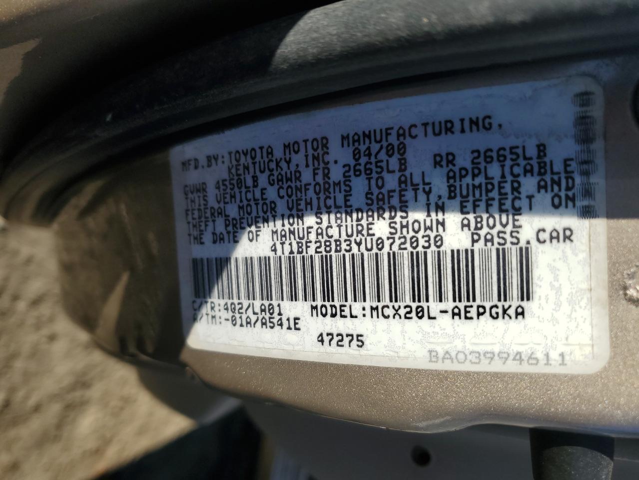 2000 Toyota Avalon Xl VIN: 4T1BF28B3YU072030 Lot: 84931875