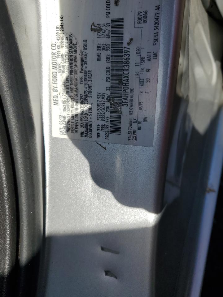 2012 Ford Fusion Se VIN: 3FAHP0HAXCR386397 Lot: 85685455