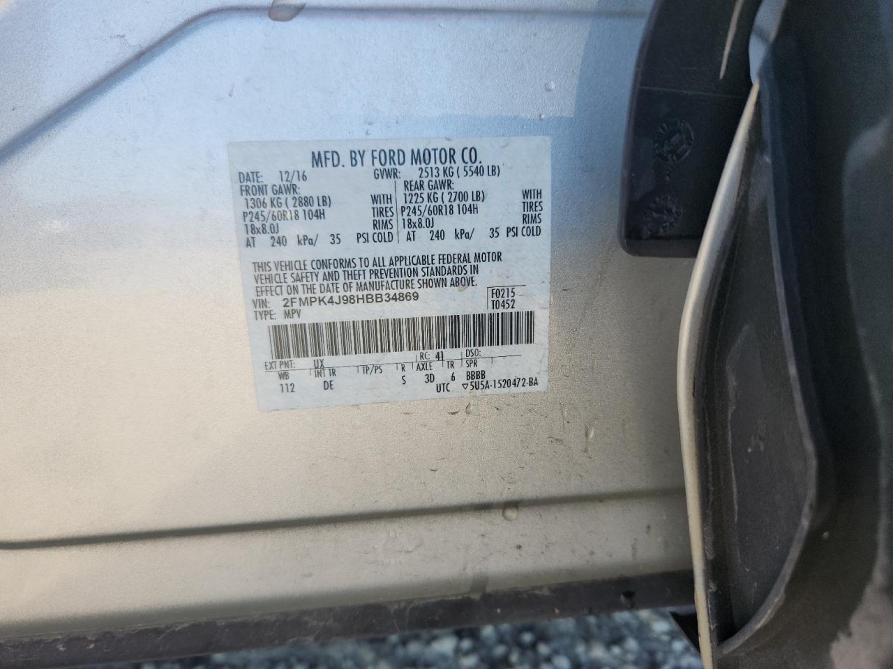 2017 Ford Edge Sel VIN: 2FMPK4J98HBB34869 Lot: 84884685