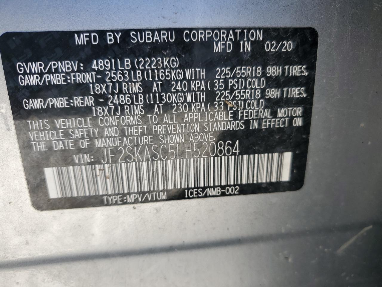 2020 Subaru Forester Limited VIN: JF2SKASC5LH520864 Lot: 86771845