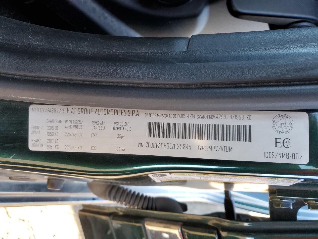 2014 Fiat 500L Lounge VIN: ZFBCFACH9EZ025844 Lot: 86805765