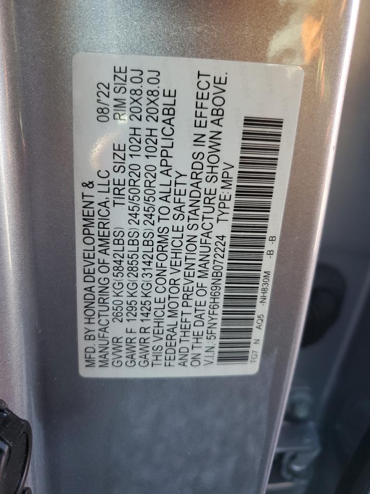 2022 Honda Pilot Touring VIN: 5FNYF6H69NB072224 Lot: 86492505