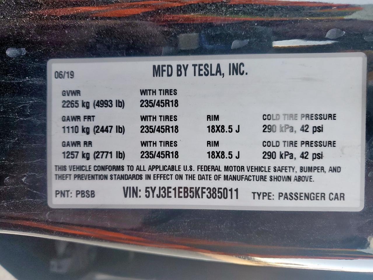2019 Tesl Model 3 Long Range VIN: 5YJ3E1EB5KF385011 Lot: 90682975