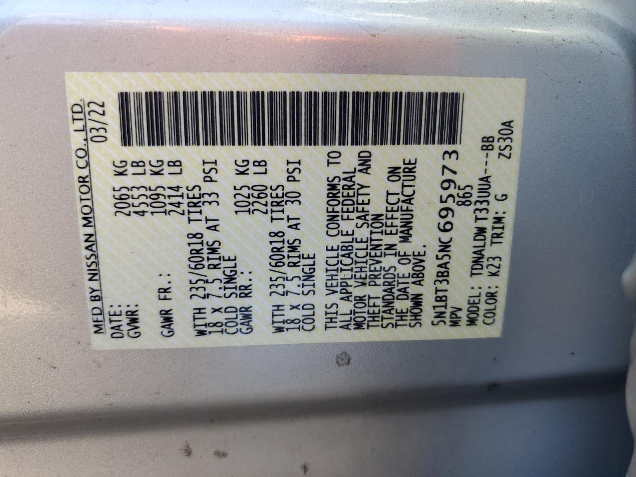 2022 Nissan Rogue Sv VIN: 5N1BT3BA5NC695973 Lot: 87378885