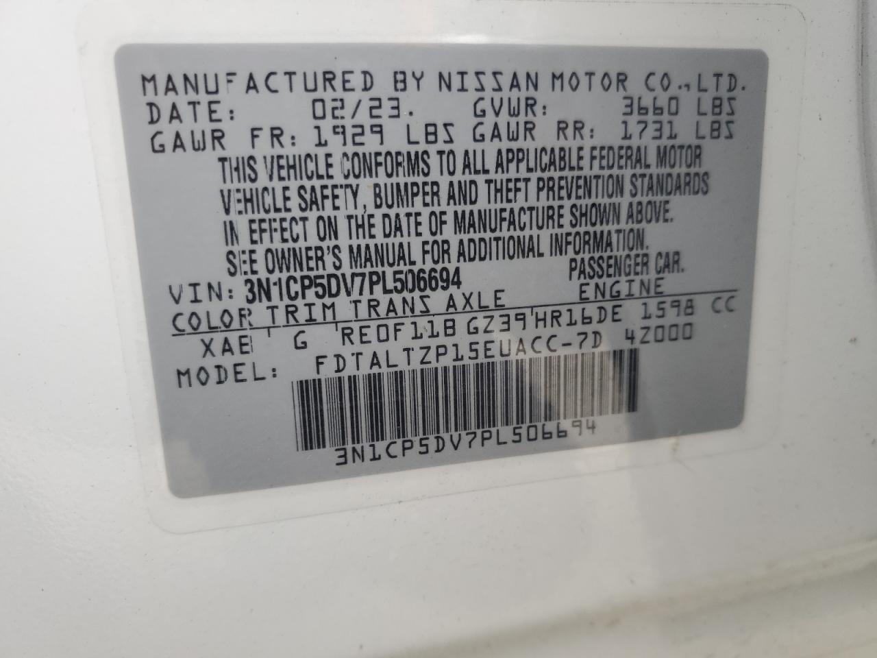 2023 Nissan Kicks Sr VIN: 3N1CP5DV7PL506694 Lot: 84065555