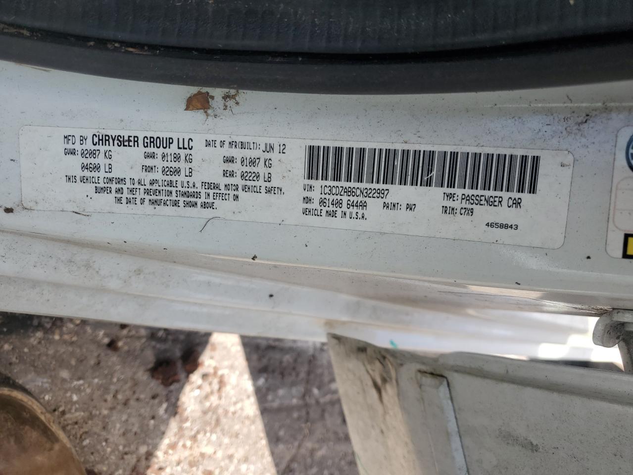 2012 Dodge Avenger Se VIN: 1C3CDZAB6CN322997 Lot: 83951135