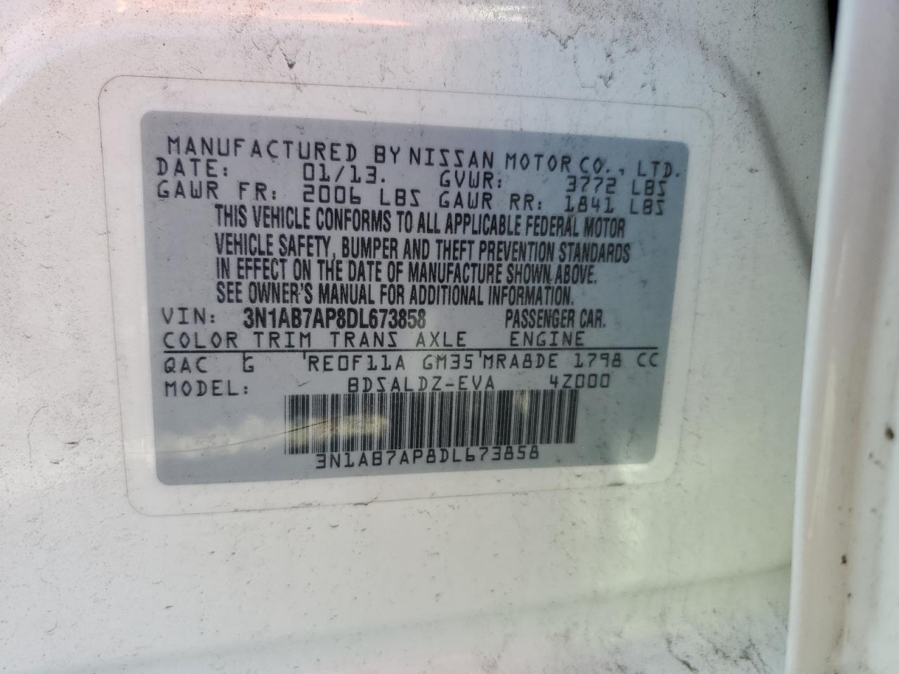 2013 Nissan Sentra S VIN: 3N1AB7AP8DL673858 Lot: 84864995