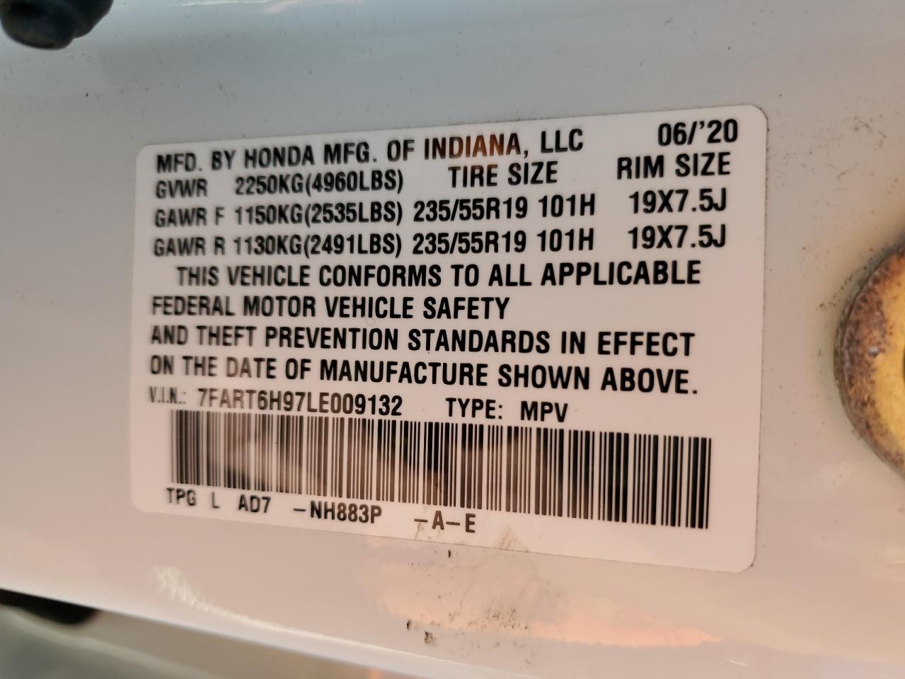 2020 Honda Cr-V Touring VIN: 7FART6H97LE009132 Lot: 86828055