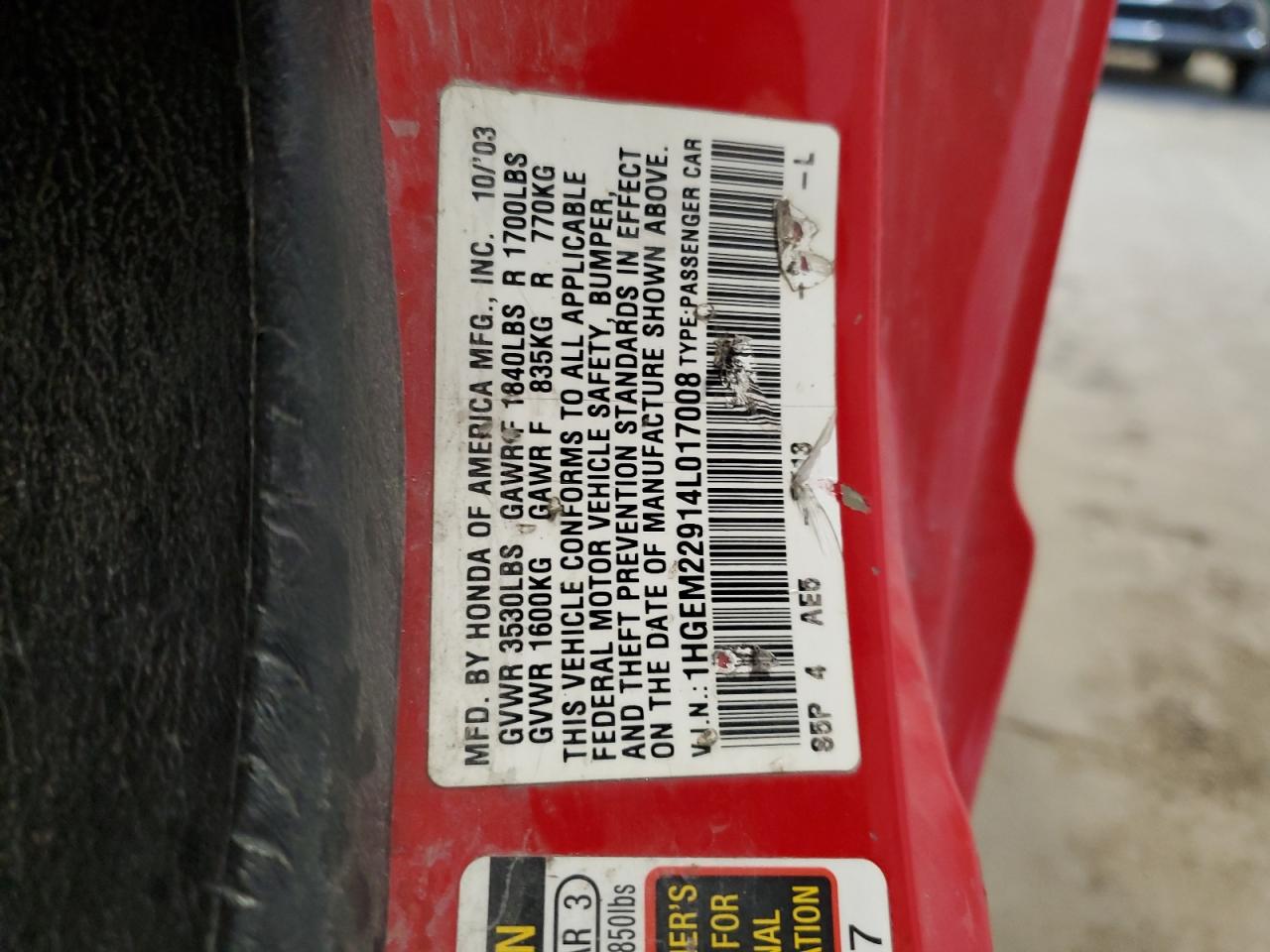 2004 Honda Civic Ex VIN: 1HGEM22914L017008 Lot: 89564865