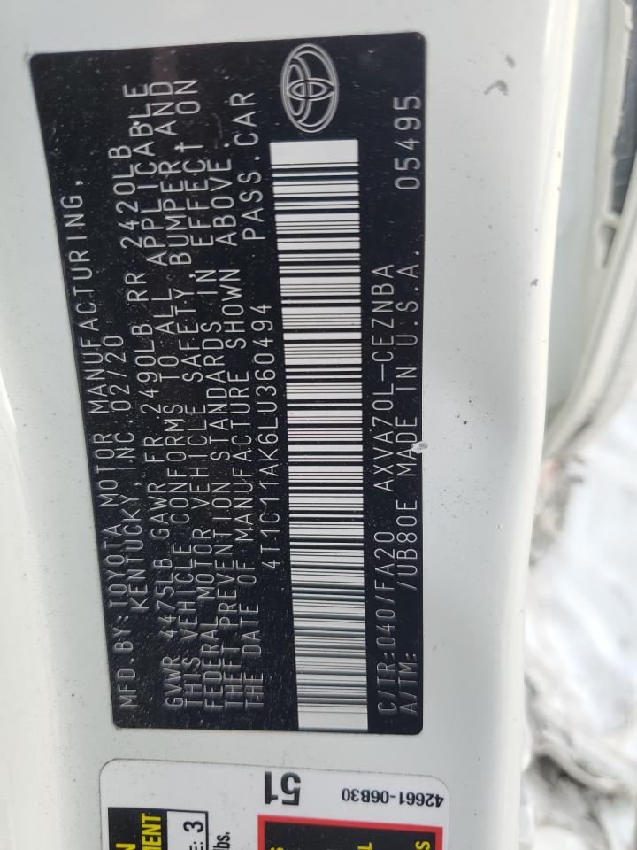 2020 Toyota Camry Le VIN: 4T1C11AK6LU360494 Lot: 81954155