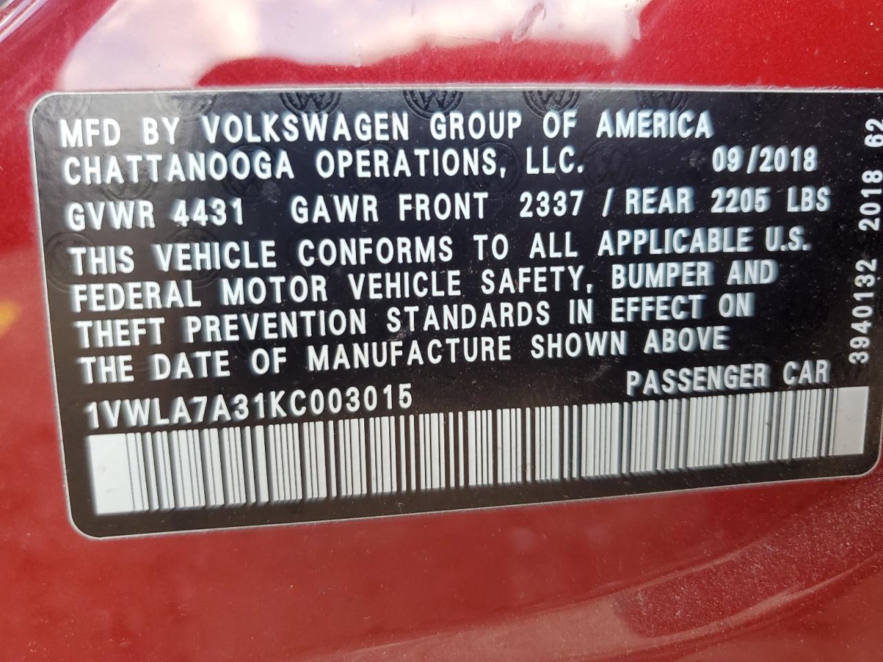 2019 Volkswagen Passat Wolfsburg VIN: 1VWLA7A31KC003015 Lot: 82248185