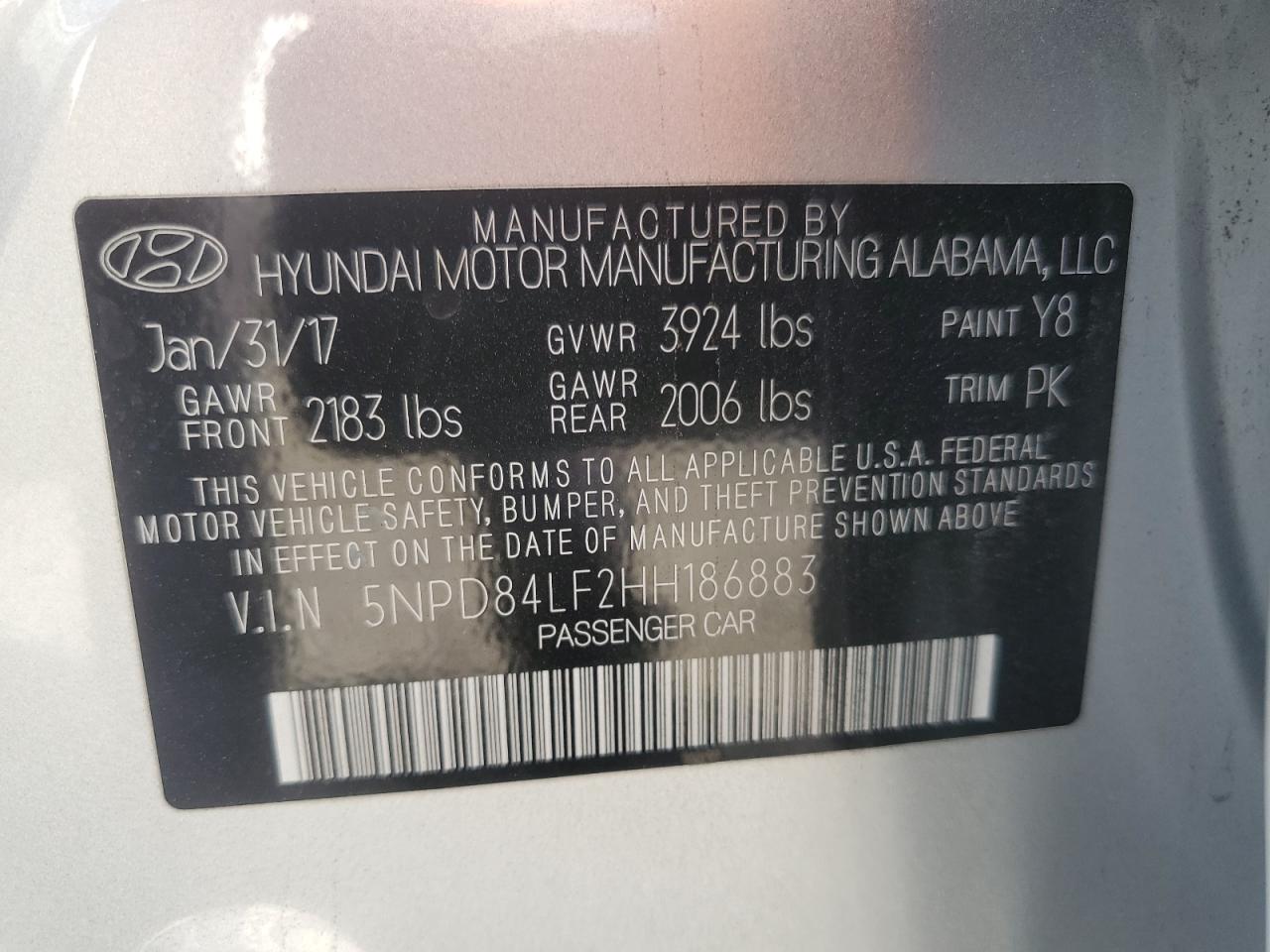 2017 Hyundai Elantra Se VIN: 5NPD84LF2HH186883 Lot: 85837635