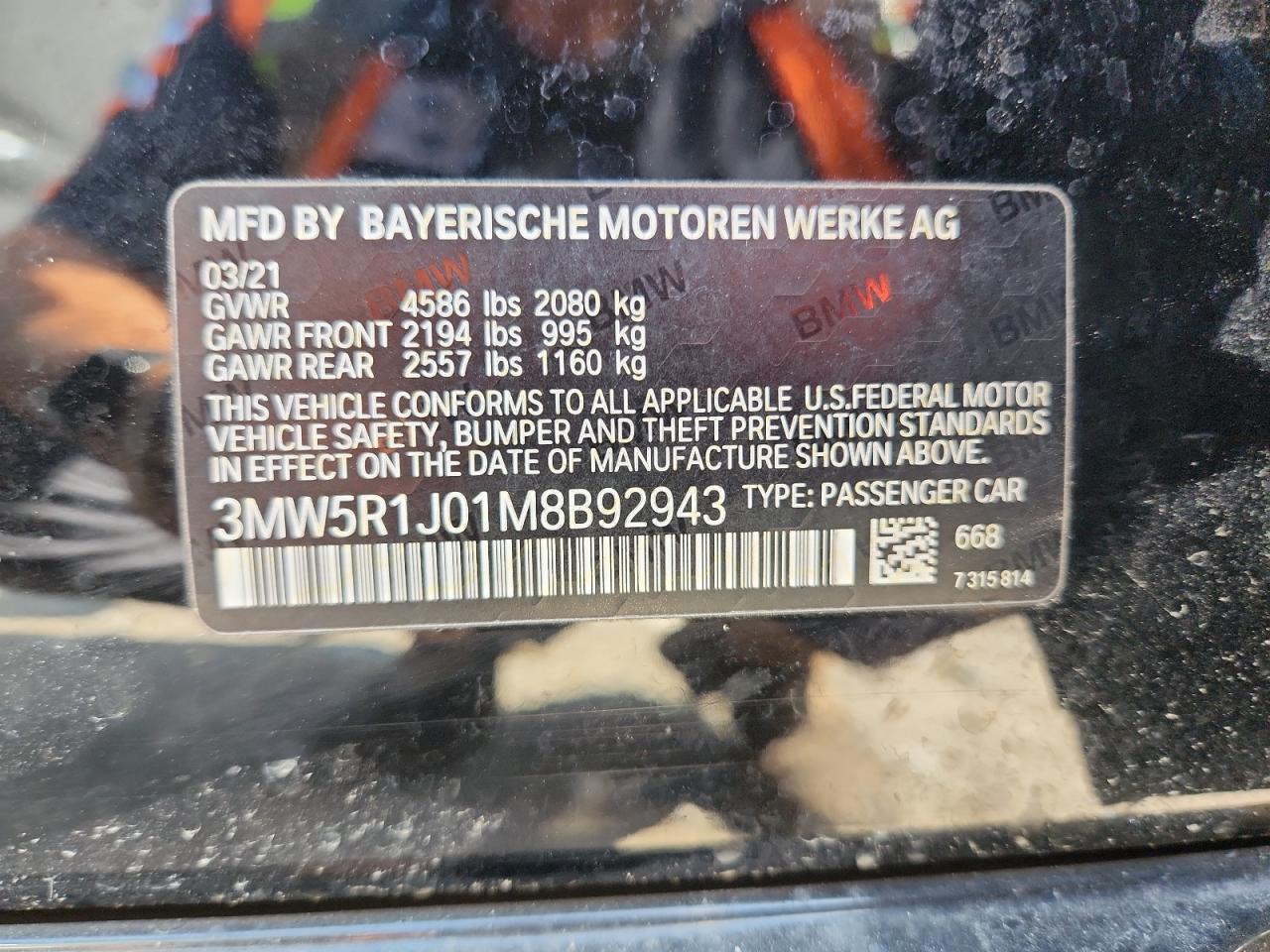 2021 BMW 330I VIN: 3MW5R1J01M8B92943 Lot: 89536825