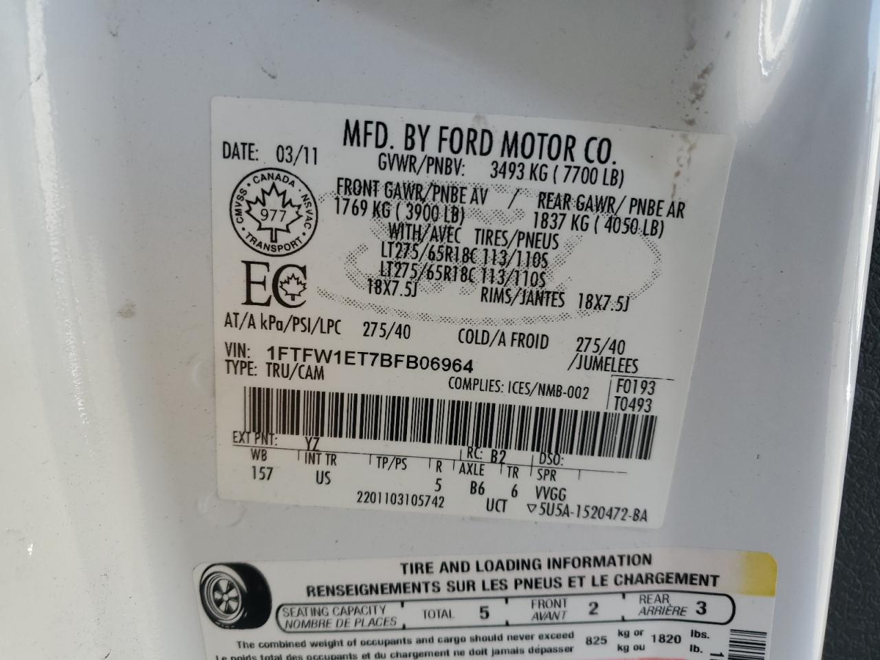 2011 Ford F150 Supercrew VIN: 1FTFW1ET7BFB06964 Lot: 89577105