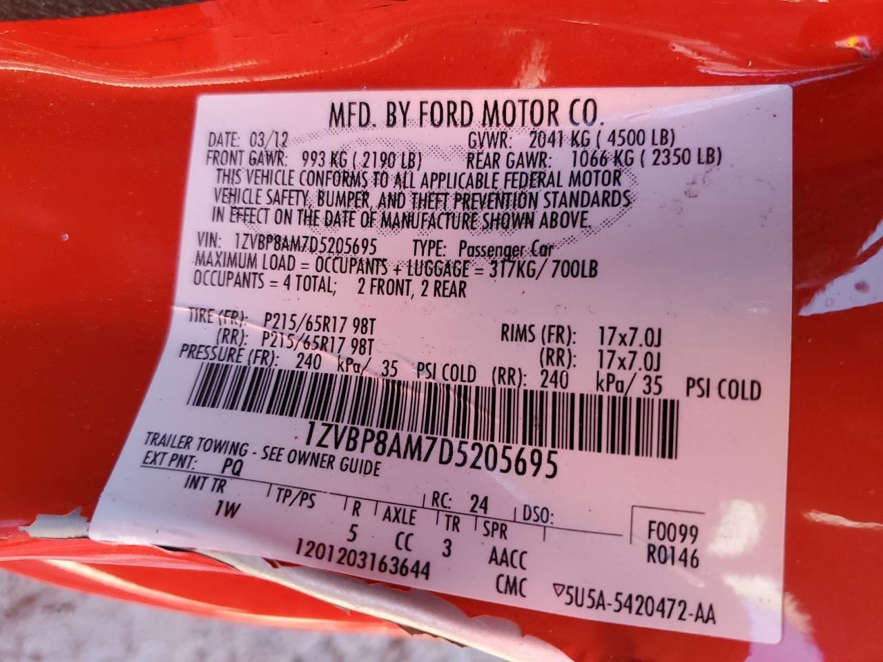 2013 Ford Mustang VIN: 1ZVBP8AM7D5205695 Lot: 86647485