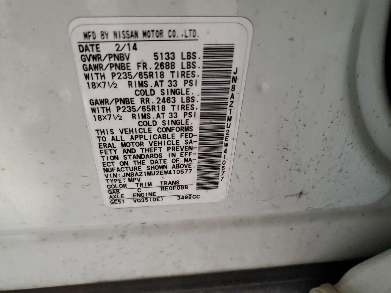 2014 Nissan Murano S VIN: JN8AZ1MU2EW410577 Lot: 83989885