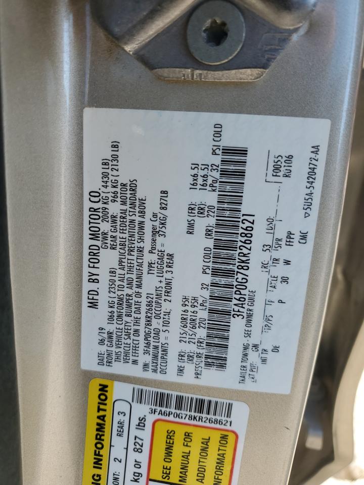 2019 Ford Fusion S VIN: 3FA6P0G78KR268621 Lot: 90687755